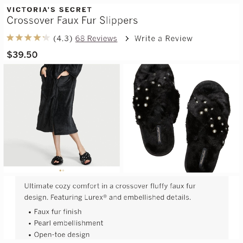 Victoria's secret black faux fur slippers- size Medium NOT Large